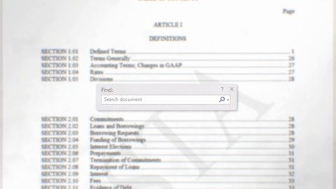 Microsoft Word table of contents with the Find dialog open, searching a defined term in dense legal text.