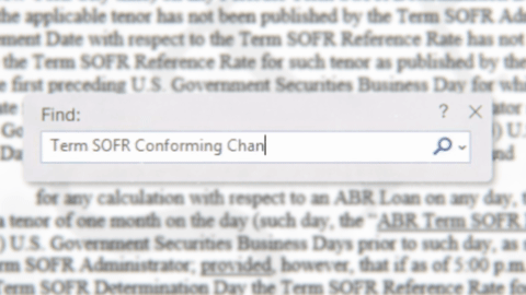 Find dialog screen-grab searching 'Term SOFR Conforming Change' inside dense legal contract text.