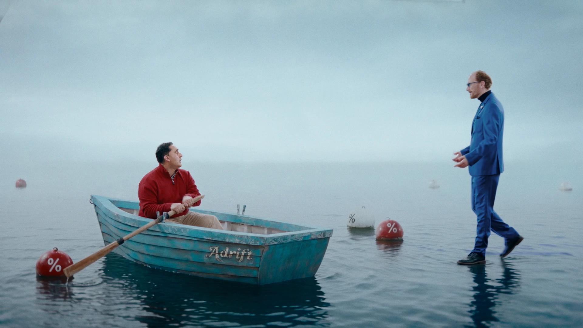 Raisin boat film, the Voice of Reason walks across the water towards Michael in his rowing boat, Tungsten Media