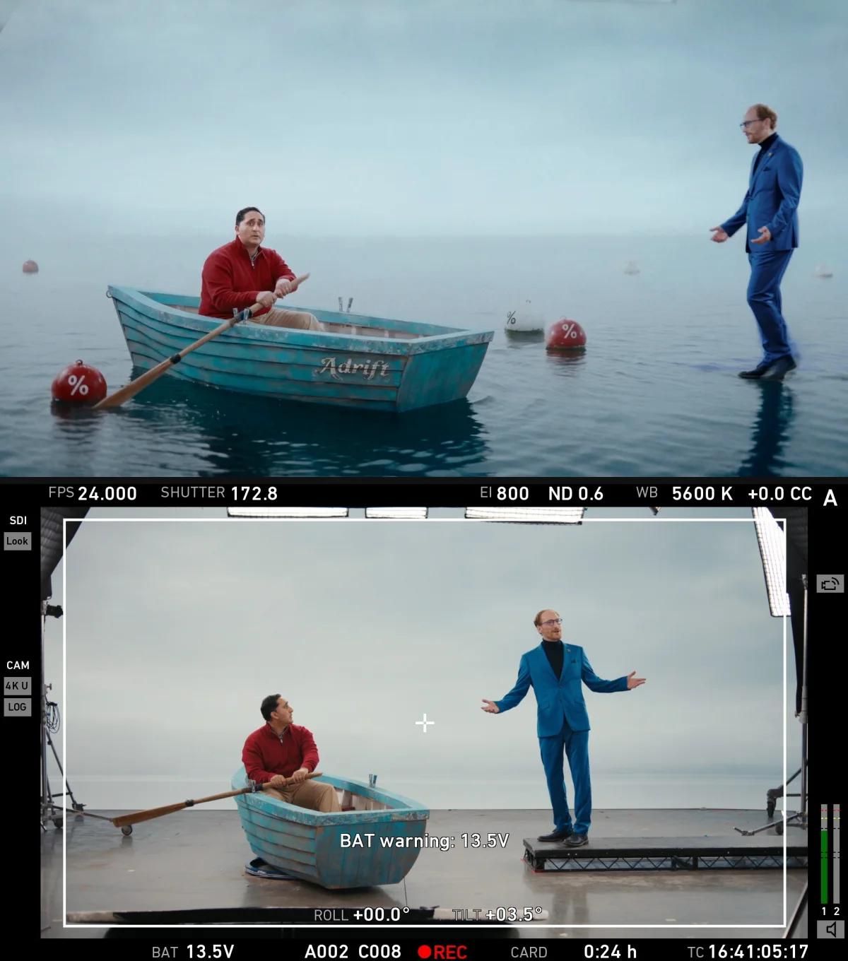 Raisin boat film, the finished frame on open sea above the camera monitor on set, showing the rowing boat and riser on the studio floor, Tungsten Media