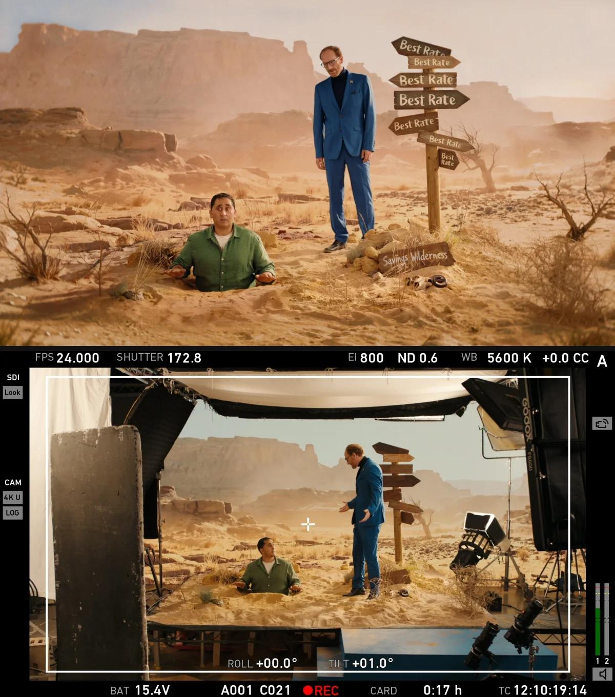 Raisin desert signpost wide, the finished frame above the camera monitor on set, showing the LED wall, sand set and studio rig, Tungsten Media