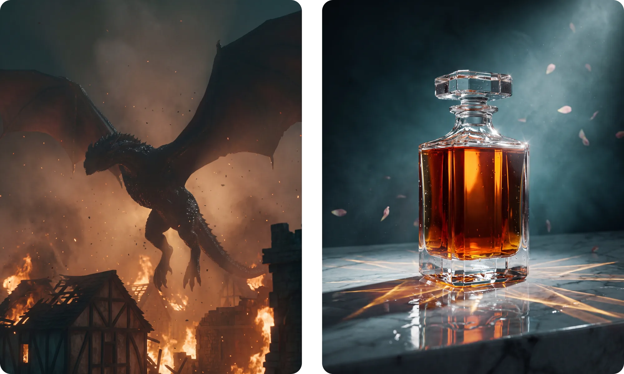 A dragon engulfing a medieval village in flames beside a pristine, dramatically lit spirits bottle