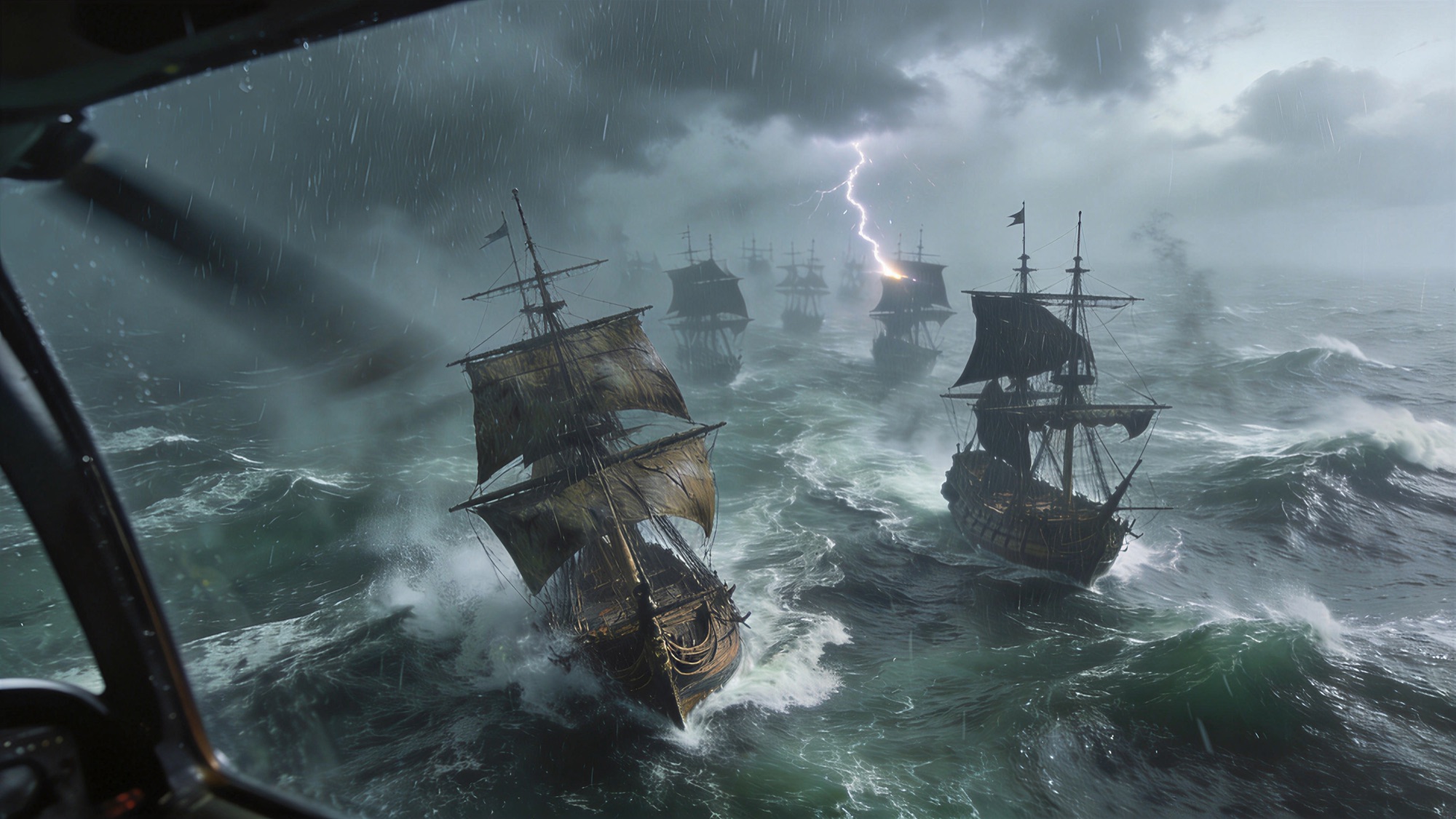 A fleet of tall ships battling a violent storm at sea