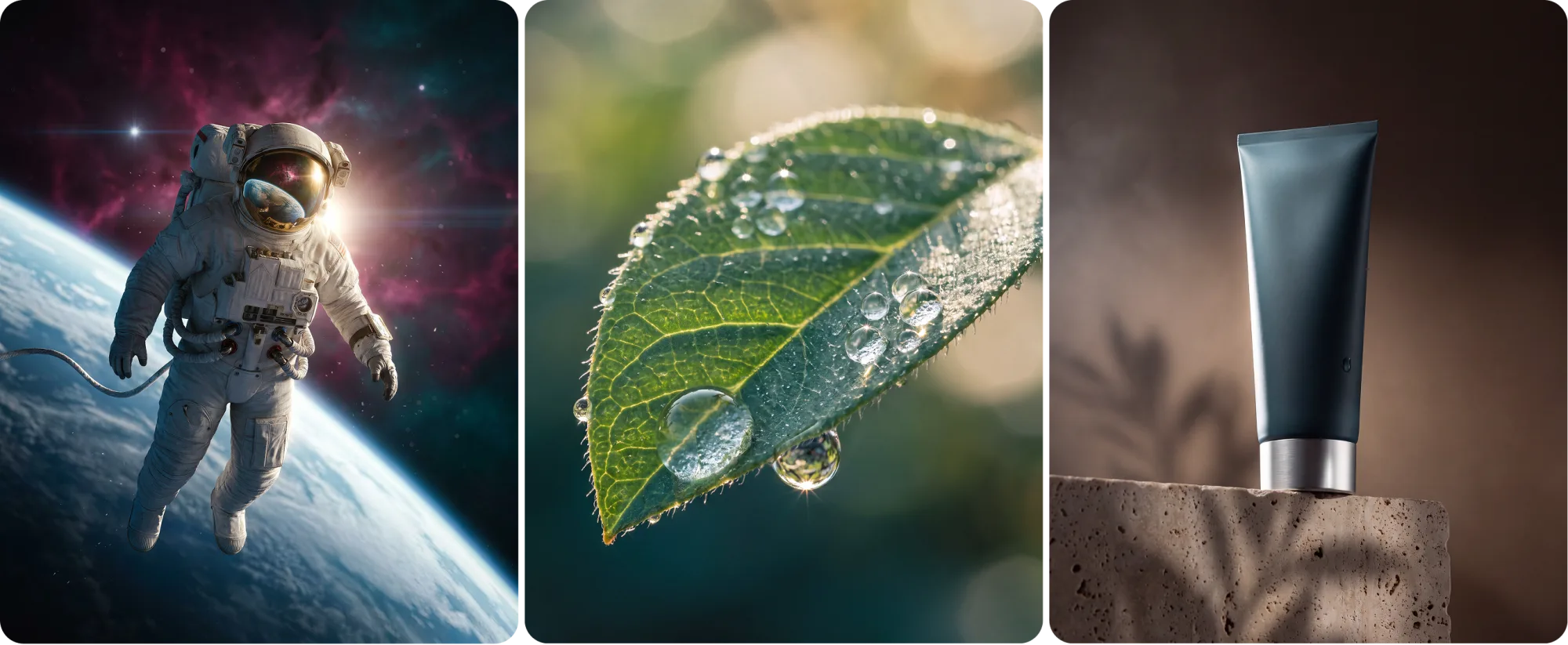 An astronaut above Earth, a dew-covered leaf, and a skincare tube on stone