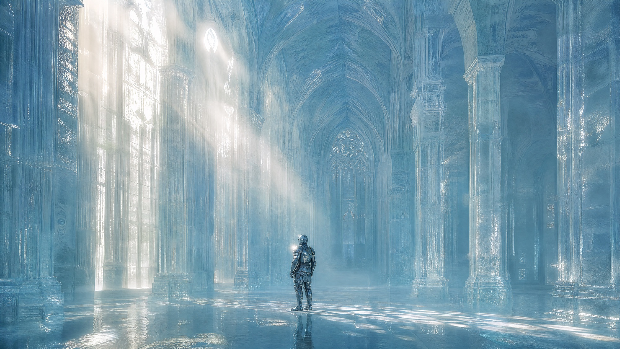 A lone armoured figure dwarfed by a vast, light-filled cathedral