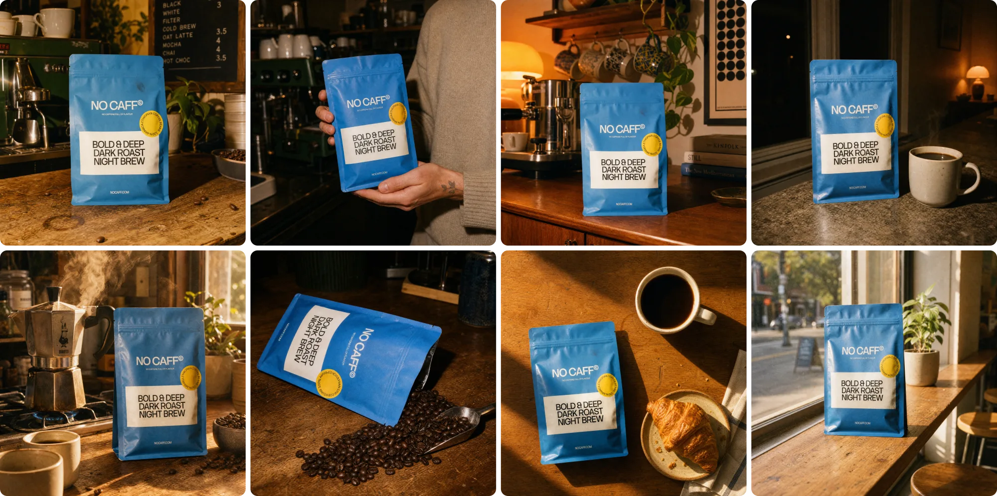 A grid of eight product photographs of a blue No Caff coffee bag in cafe settings