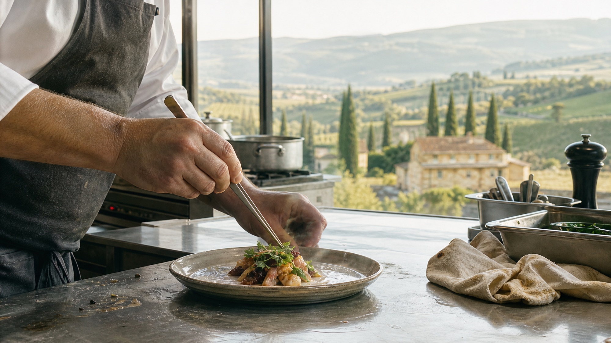 A chef plating a dish in a kitchen overlooking Tuscan hills